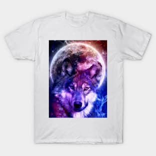 Mystical Wolf Face in Front of the Moon and galaxy T-Shirt